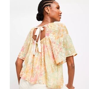 LOFT Shimmer Gold Floral Flutter Sleeve Cottagecore Bohemian